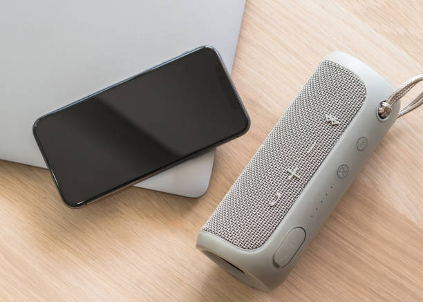 speaker mini warna abu-abu dengan smartphone di sampingnya