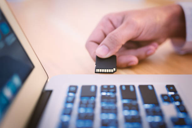 seseorang hendak memasukkan kartu SD ke laptop