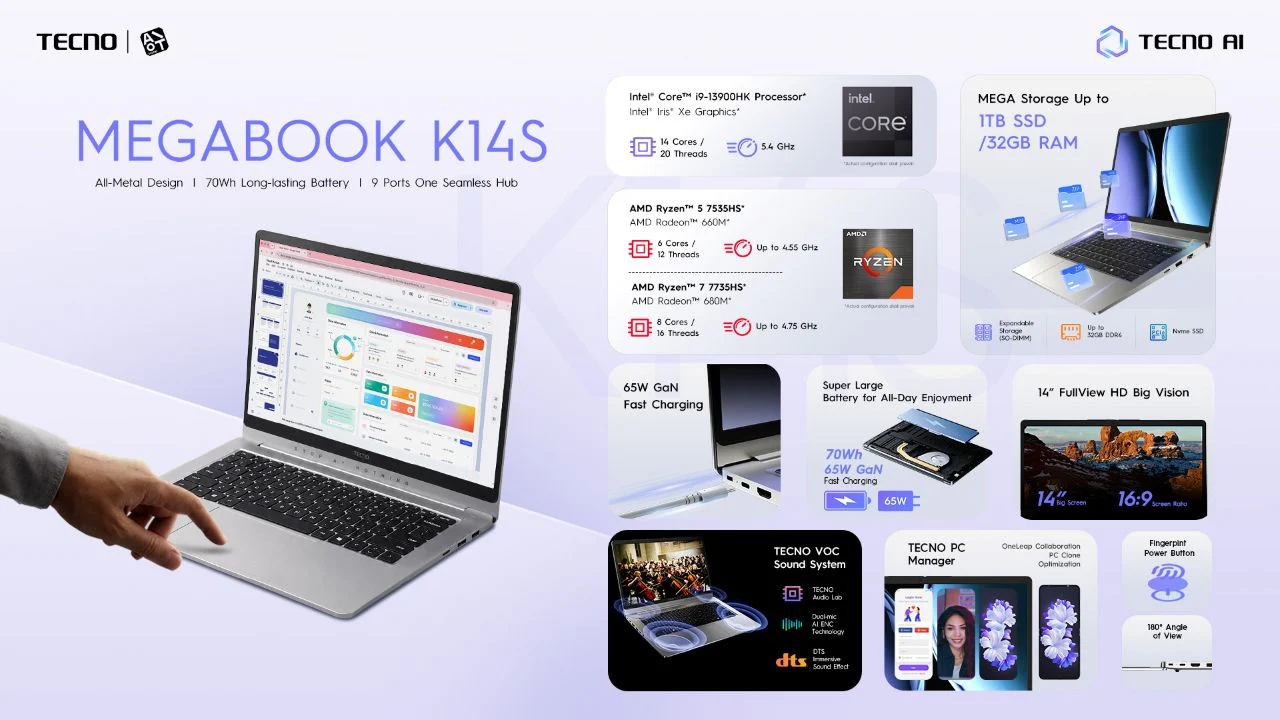 TECNO Megabook K14S: Laptop Multitasking Ryzen 7 dan Core i9
