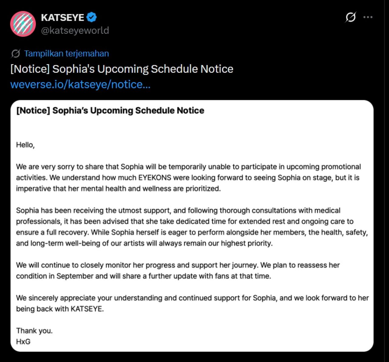 Sophia KATSEYE Umumkan Hiatus Grup Demi Kesehatan Mental