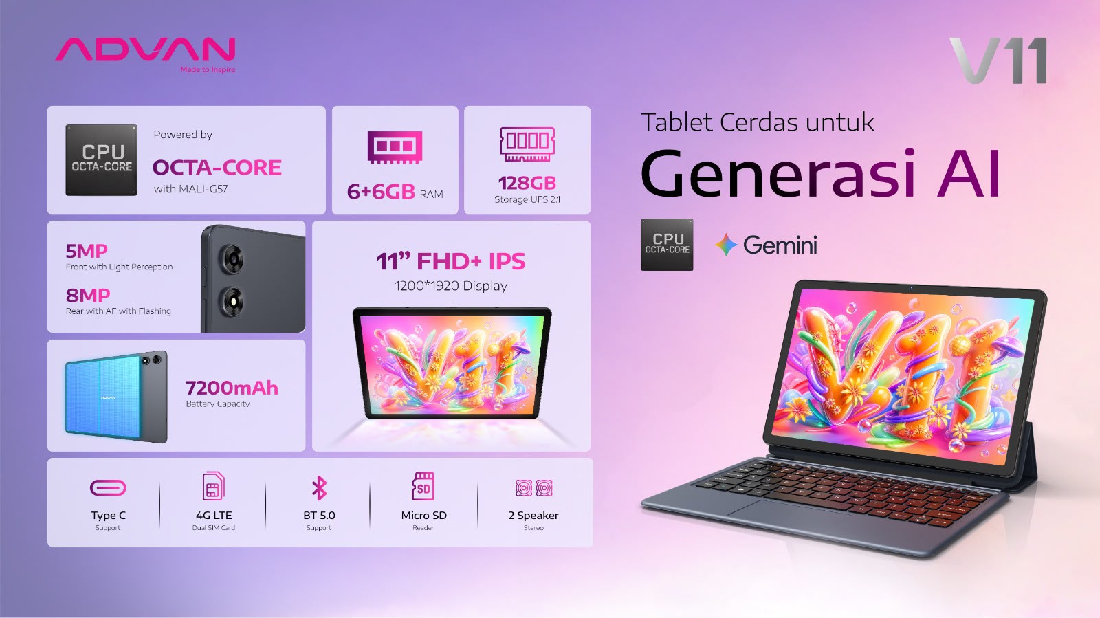 Advan Tablet V11: Tablet 11 Inci Android 16 untuk Pelajar