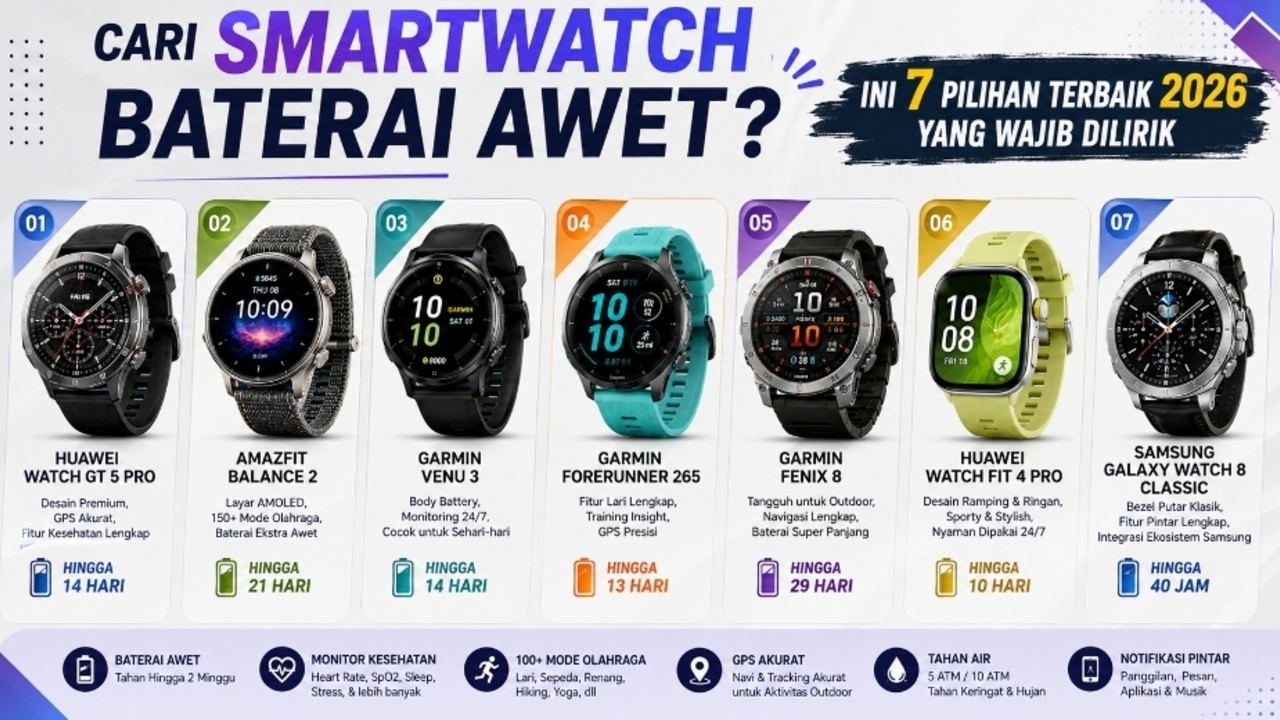 Smartwatch dengan Daya Tahan Baterai Terlama: Garmin, Amazfit, dan Samsung
