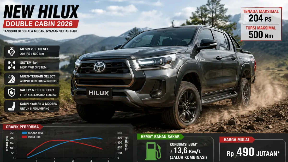 Hilux Diesel: Mesin 1GD 2.800 cc, Harga Double Cabin, dan Posisi di Segmen Pickup