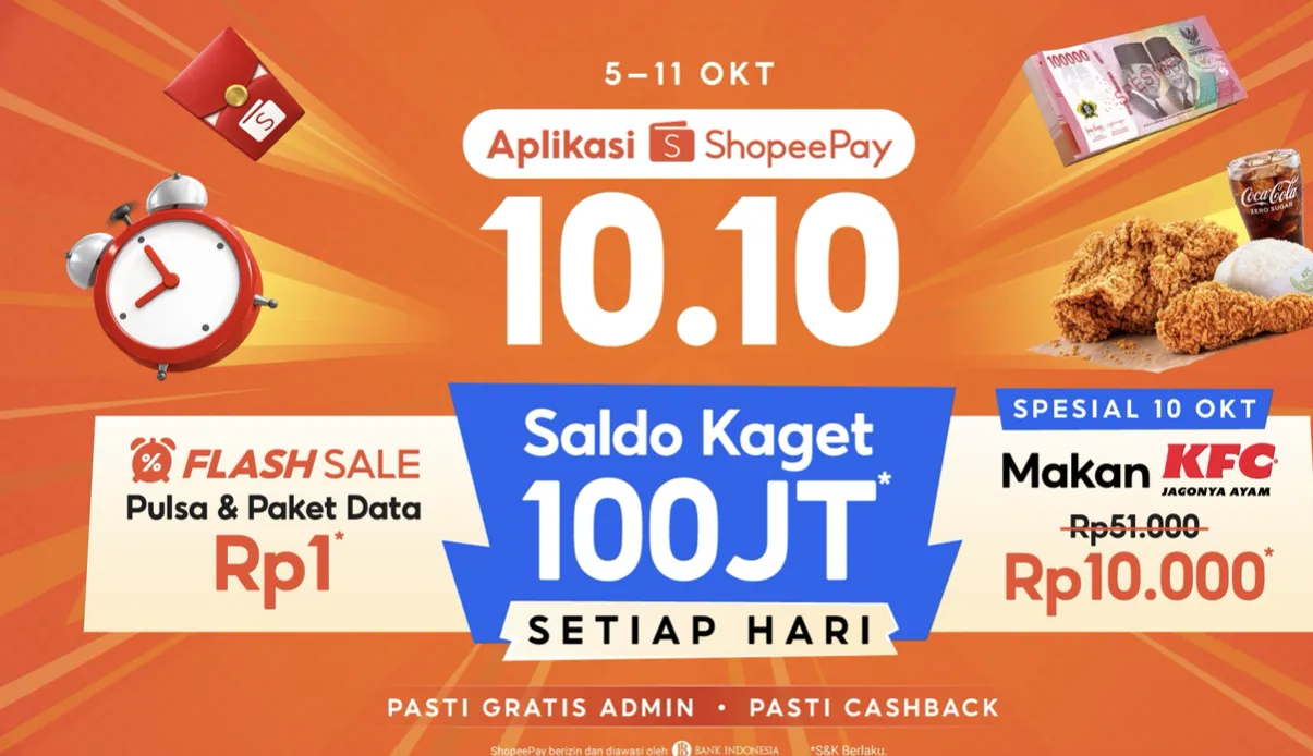 Promo 10.10 ShopeePay: Diskon Makanan 99% dan Cashback Pulsa