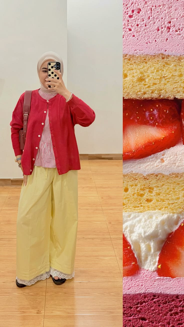 Swafoto cermin cardigan rajut merah dengan inner salur pink dan celana panjang kuning muda, disandingkan foto kue stroberi sebagai inspirasi palet warna
