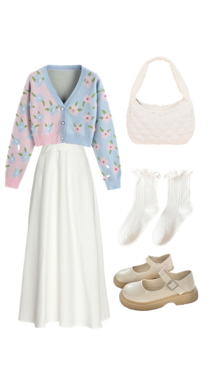 Papan padu padan cardigan rajut motif bunga pink dan biru dengan rok panjang putih, tas krem, kaus kaki renda, dan sepatu mary jane