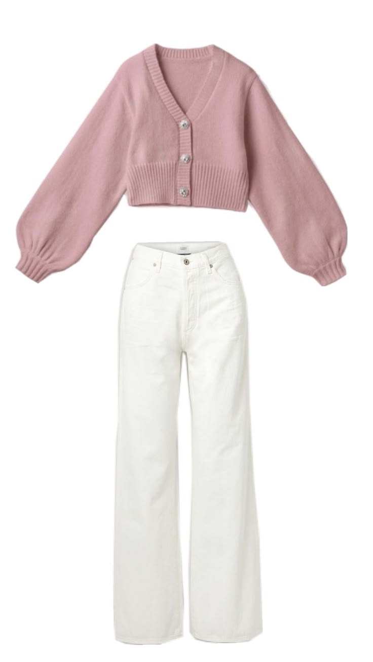 Flat lay cardigan rajut crop lengan balon warna dusty pink dengan kancing mutiara dan celana jeans putih