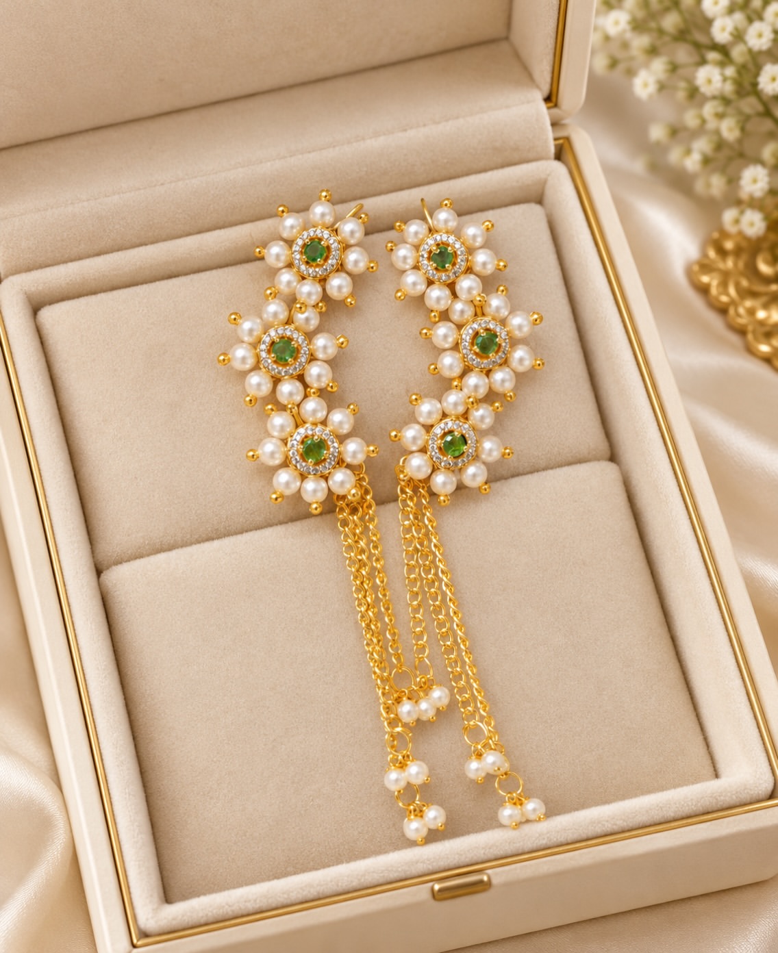 Sepasang ear cuff emas berhias pearl dan batu hijau dengan rantai menjuntai di dalam kotak perhiasan krem