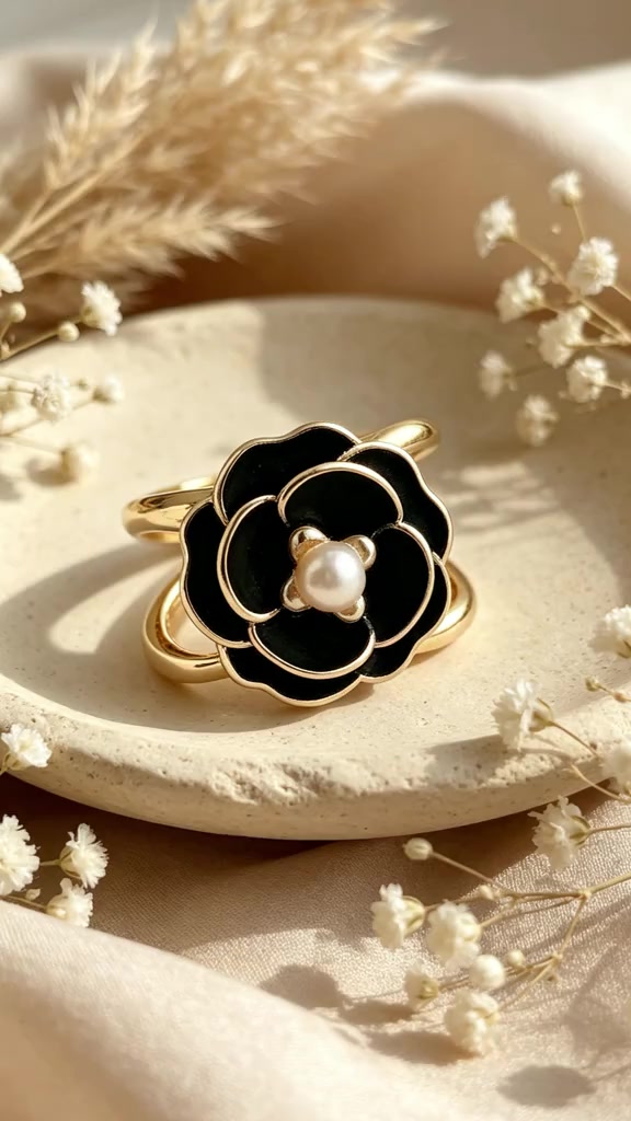 Bros bunga camellia hitam di atas piring keramik putih dengan taburan bunga baby breath