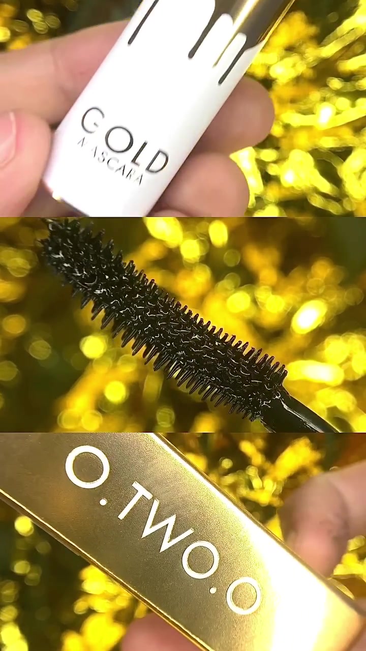 Kolase tiga panel maskara O.TWO.O Gold: tube putih emas, makro brush hitam, dan tube emas berlogo O.TWO.O