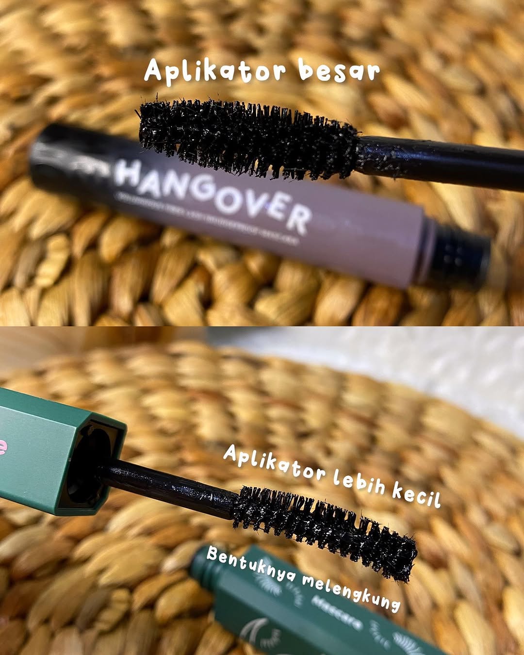 Perbandingan dua aplikator maskara: brush fiber besar yang lurus di atas dan brush lebih kecil berbentuk melengkung di bawah