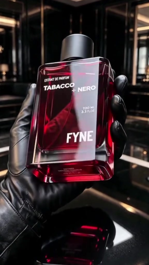 Tangan bersarung tangan kulit hitam memegang botol kaca merah Fyne Tabbaco Nero di ruangan gelap berpermukaan reflektif