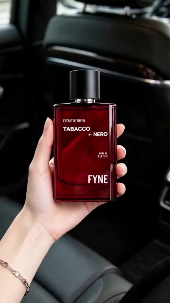 Tangan memegang botol merah Fyne Tabbaco Nero di dalam kabin mobil berwarna gelap