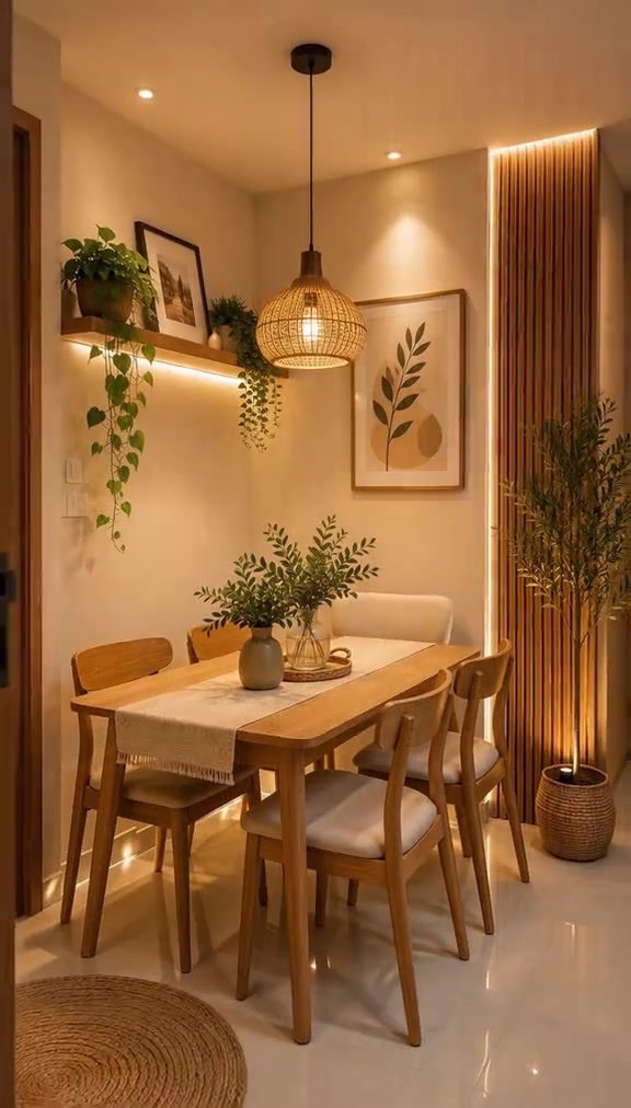 Sudut ruang makan mungil dengan meja kayu empat kursi, lampu gantung rotan, rak tanaman, dan panel dinding kayu