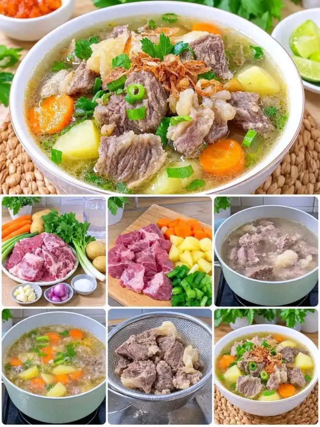 Kolase langkah membuat sop tetelan: mangkuk sajian berkuah bening, tetelan mentah bersama wortel dan kentang, proses merebus, dan tetelan yang ditiriskan