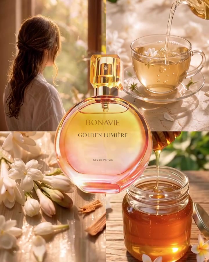 Kolase botol Bonavie Golden Lumière dengan cangkir teh bunga, madu yang dituang, dan bunga sedap malam putih