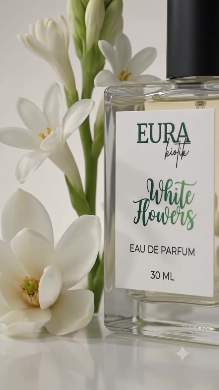 Close up botol EURAkiotik White Flowers EDP 30 ml berdampingan dengan bunga sedap malam dan magnolia putih