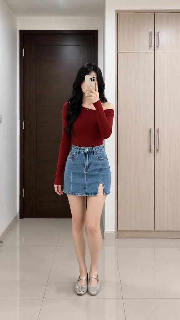 Swafoto cermin perempuan memakai atasan one shoulder lengan panjang warna maroon dengan rok denim belahan samping, wajah tertutup ponsel