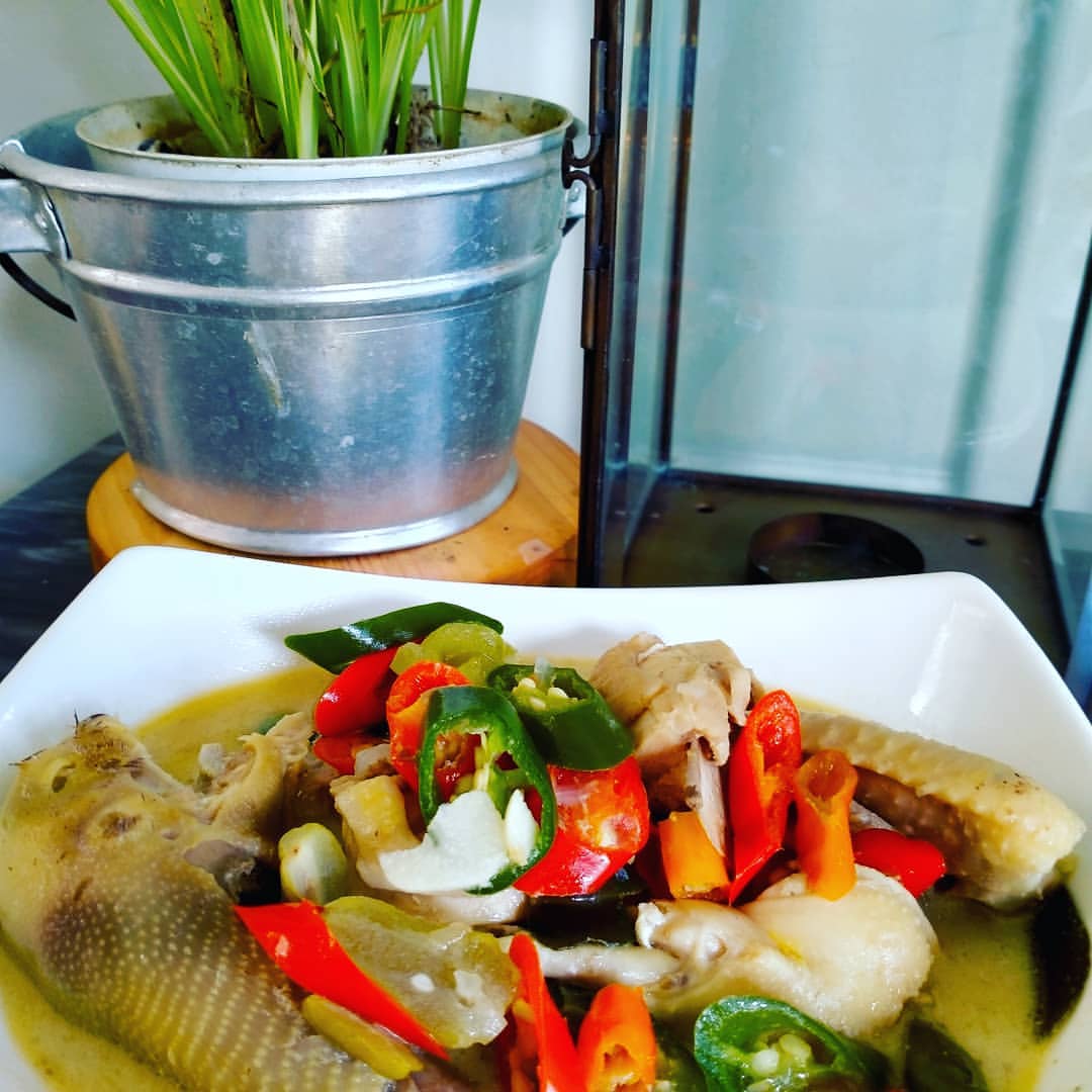 Garang asem ayam berkuah kuning dengan irisan cabai merah dan cabai hijau di piring putih persegi, latar dapur rumah dengan ember tanaman