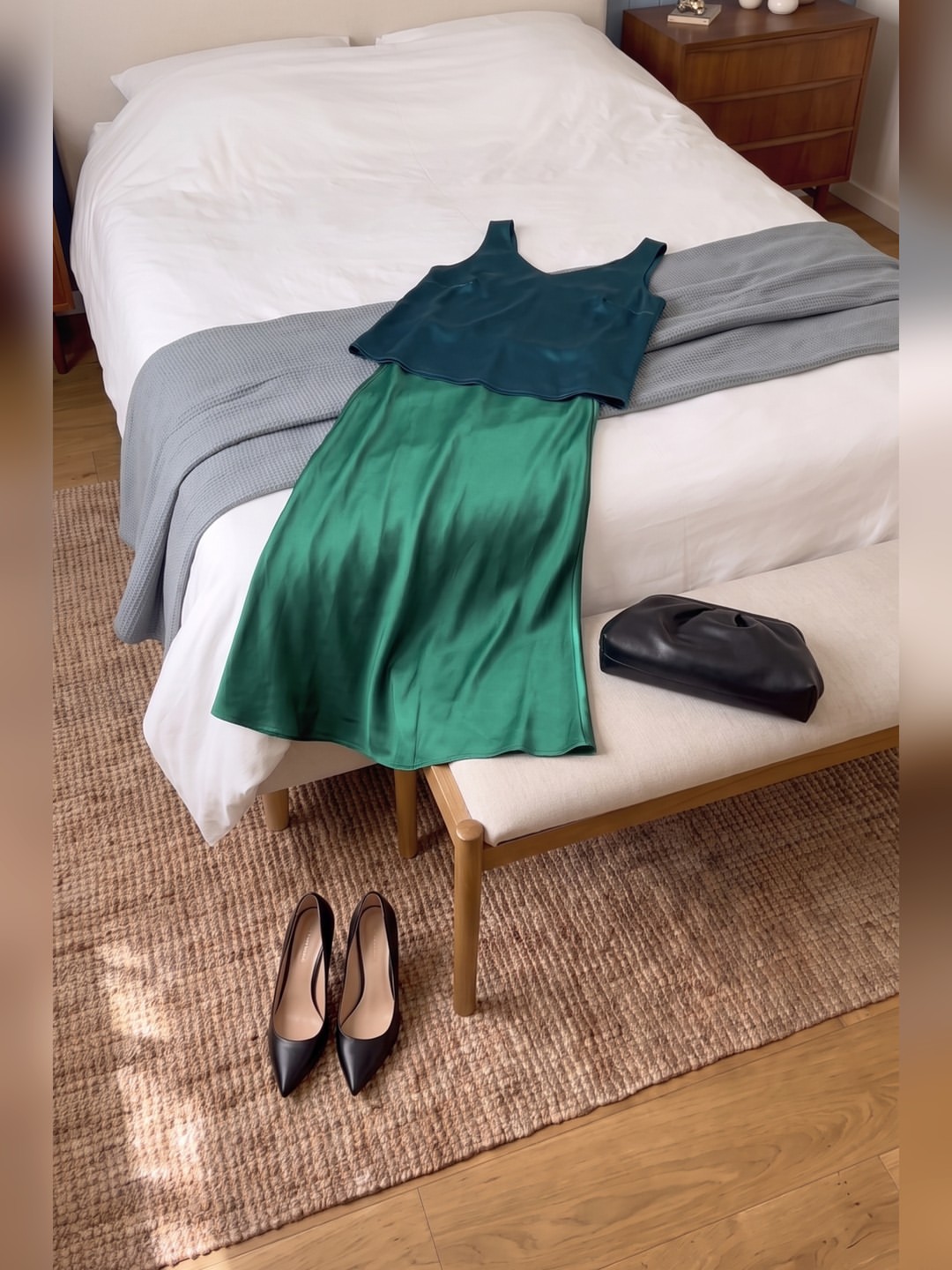 Flat lay slip skirt satin hijau emerald dan tank top satin teal di atas sprei putih, disertai clutch hitam dan pumps hitam di lantai