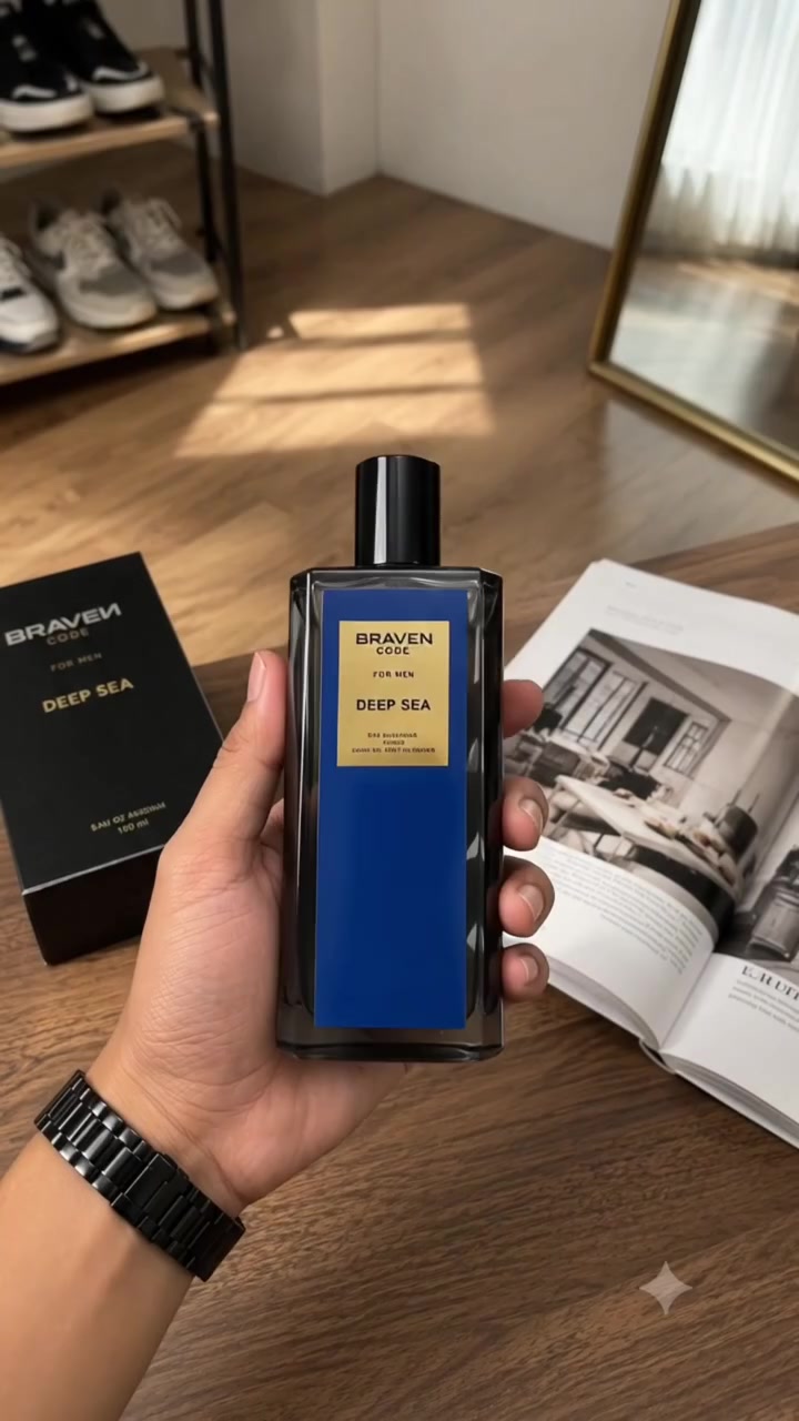Tangan memegang botol Braven Code Deep Sea berwarna biru di atas meja kayu, di samping kotak hitam dan majalah terbuka