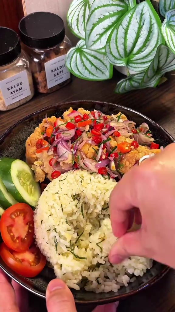 Sepiring nasi daun jeruk dengan ayam crispy bersiram sambal matah, irisan timun dan tomat di piring gelap