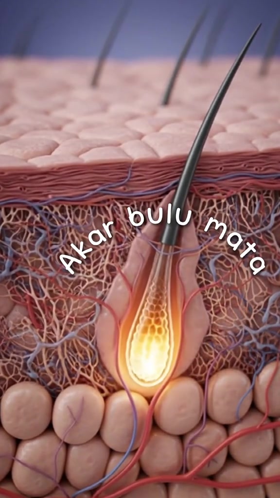 Ilustrasi tiga dimensi akar bulu mata di bawah permukaan kulit kelopak lengkap dengan pembuluh darah halus di sekitarnya
