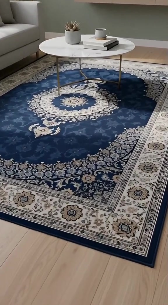Karpet motif Eropa berwarna biru dengan meja kopi bermuka marmer di ruang tamu