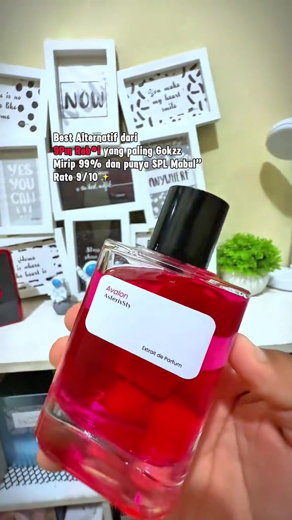 Botol merah AsterixSty Avalon di tangan dengan meja kerja dan tanaman kecil di latar