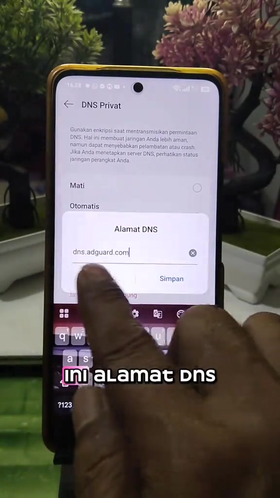 Menu DNS Pribadi Android menampilkan kolom hostname dan tombol Simpan