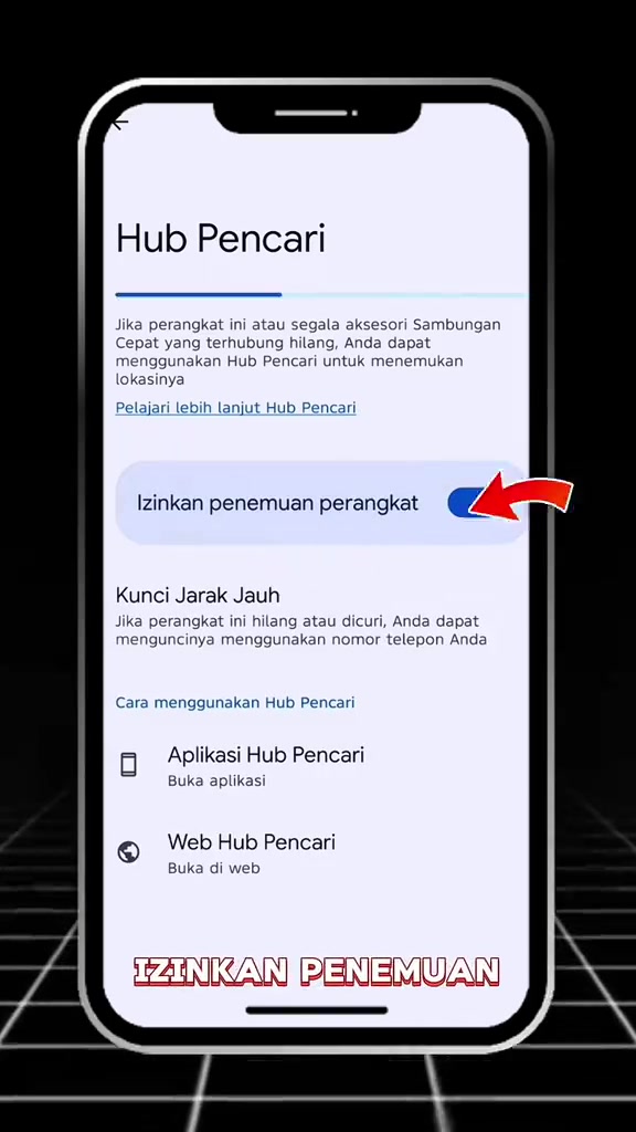 Layar Hub Pencari dengan sakelar Izinkan penemuan perangkat dan opsi Kunci Jarak Jauh.