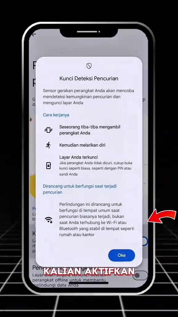 Dialog Kunci Deteksi Pencurian menjelaskan layar akan terkunci saat pola gerakan pencurian terdeteksi.