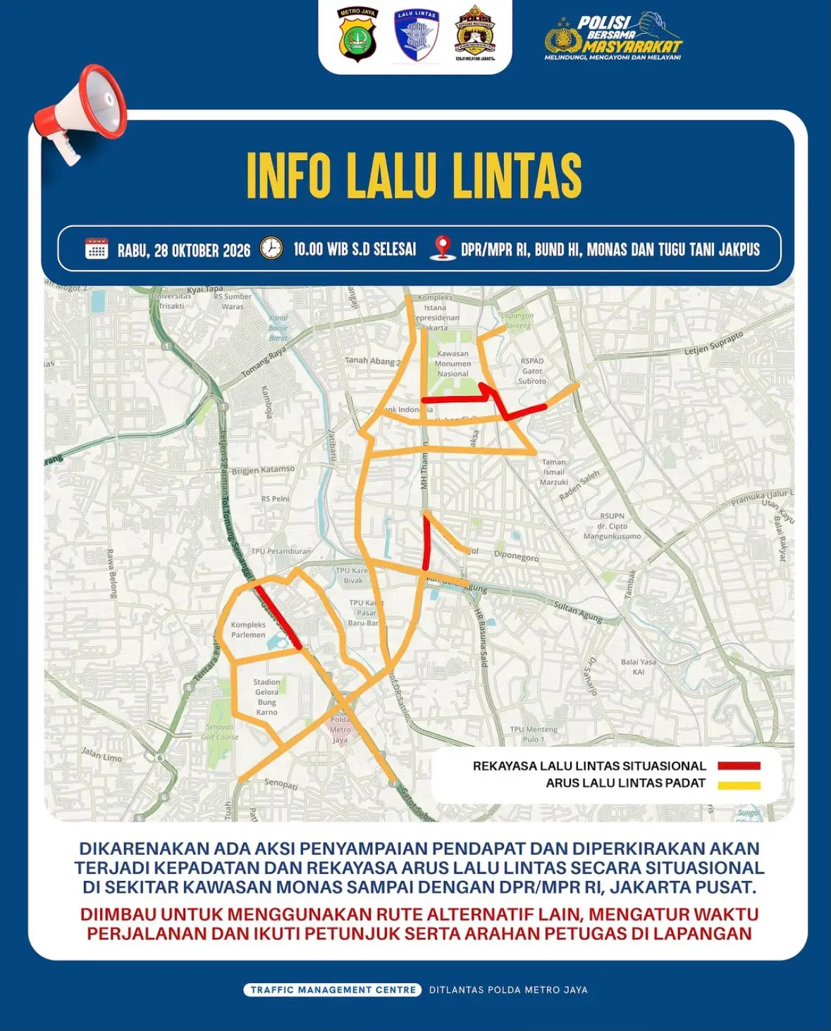 Aksi di Tugu Tani Padatkan Lalu Lintas, Pilih Jalur Alternatif