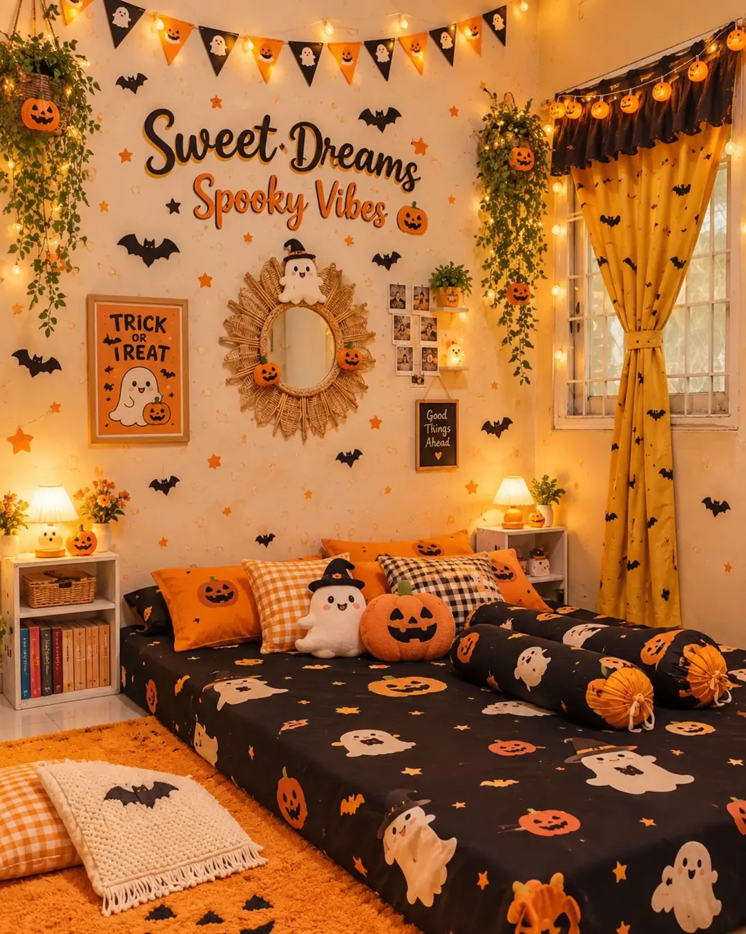 Kamar tidur dengan bantal dekoratif dan tekstil lembut bernuansa oranye