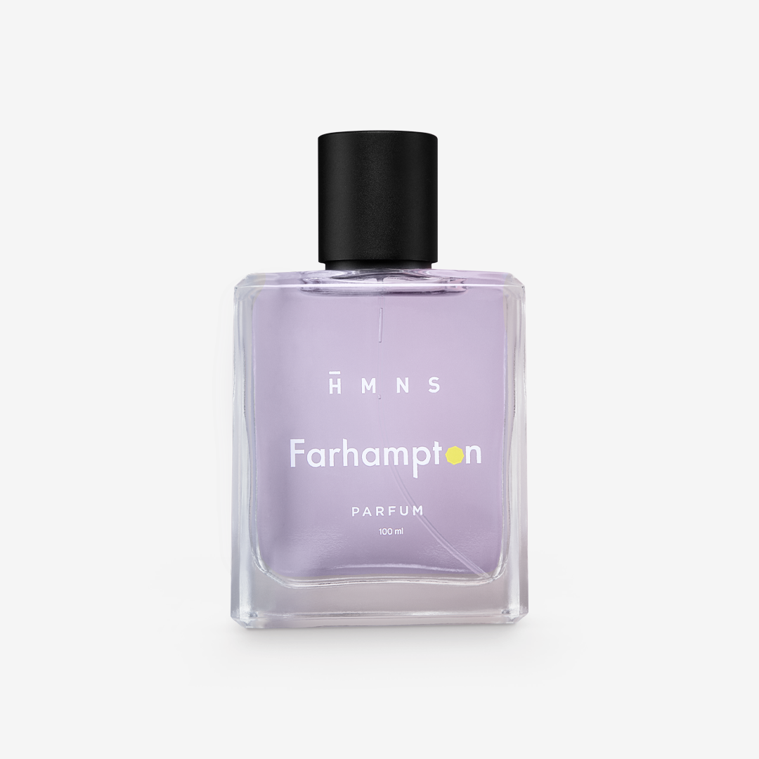 Botol HMNS Farhampton Parfum 100 ml berdiri di tengah latar terang polos