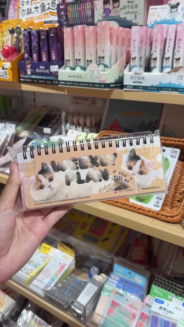 Buku spiral bergambar kucing di tangan dengan rak stationery di belakang