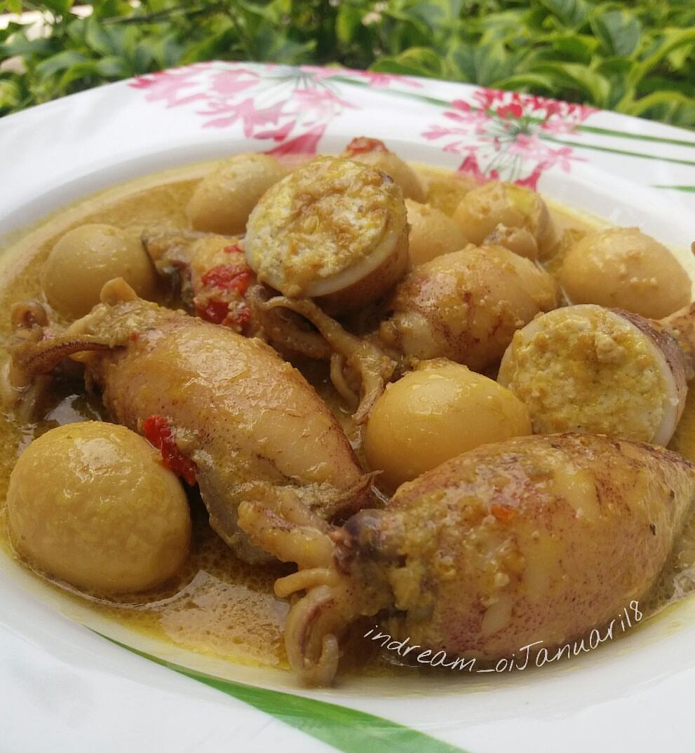 Gulai cumi isi tahu dan telur dalam kuah santan tersaji di piring
