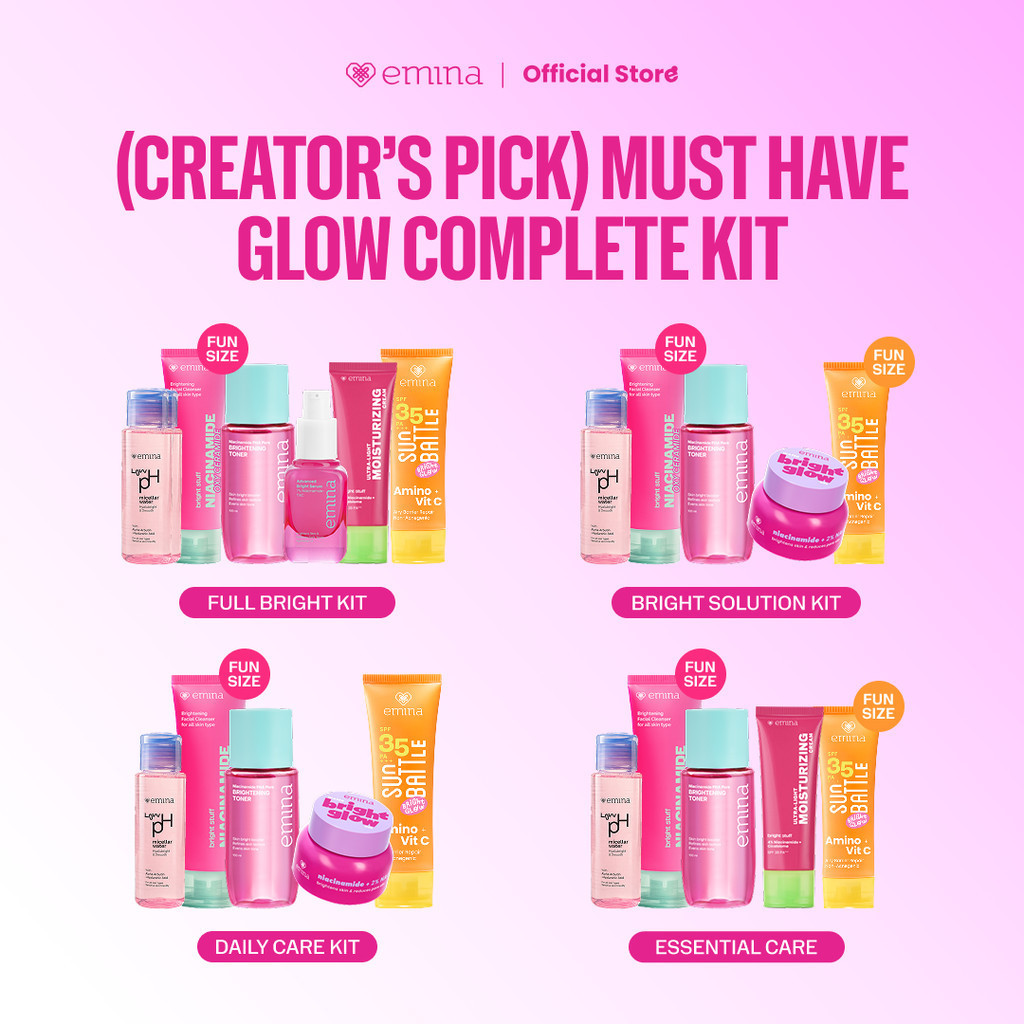 Turun 53%: GLOW COMPLETE KIT EMINA BRIGHT (Micellar Water, Face Wash, Toner,