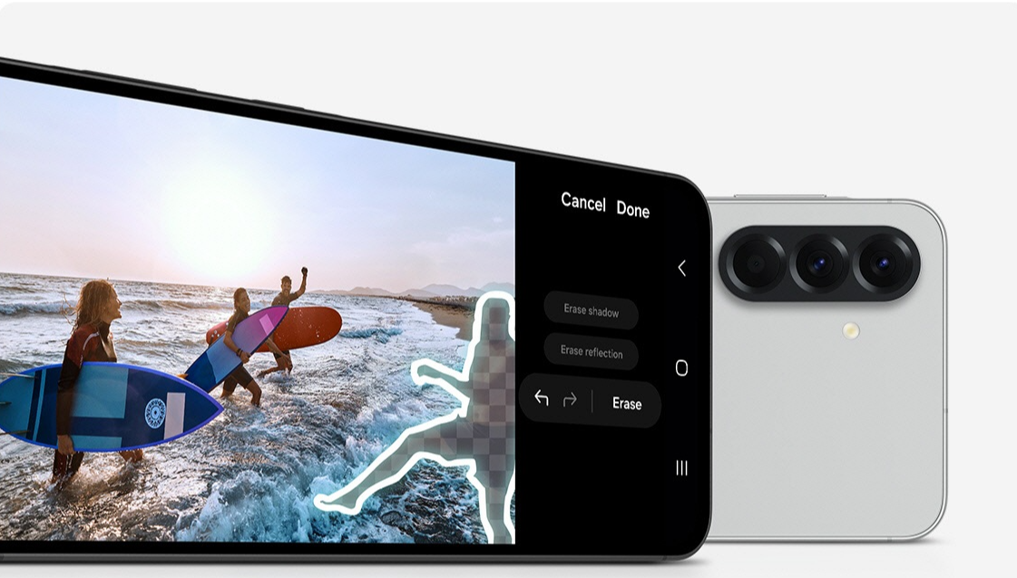 Two Galaxy A56 5G devices, both on its side. The one in the front has Object Eraser feature onscreen. On the right side of the screen, Erase feature is highlighted to indicate the selected people can be erased. The Galaxy A56 5G in the back is in rear view, showing the cameras.
