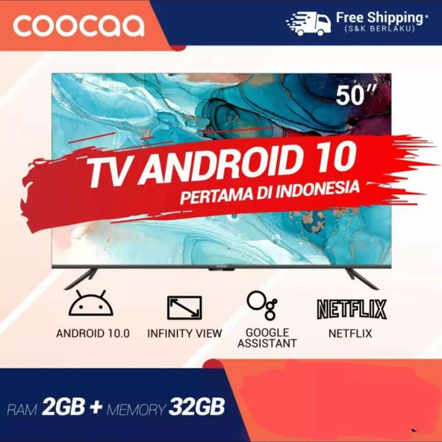 [ANDROID 10 TV - PERTAMA DI INDONESIA] COOCAA LED TV 50 inch - 4K UHD - Smart TV - Android 10.0 - Dolby Vision - Frameless Design with Infinity View - Netflix & Youtube - Support Disney+ Hotstar - Digital TV DVB-T/T2/C - Wifi - Bluetooth (Model 50S6G PRO)