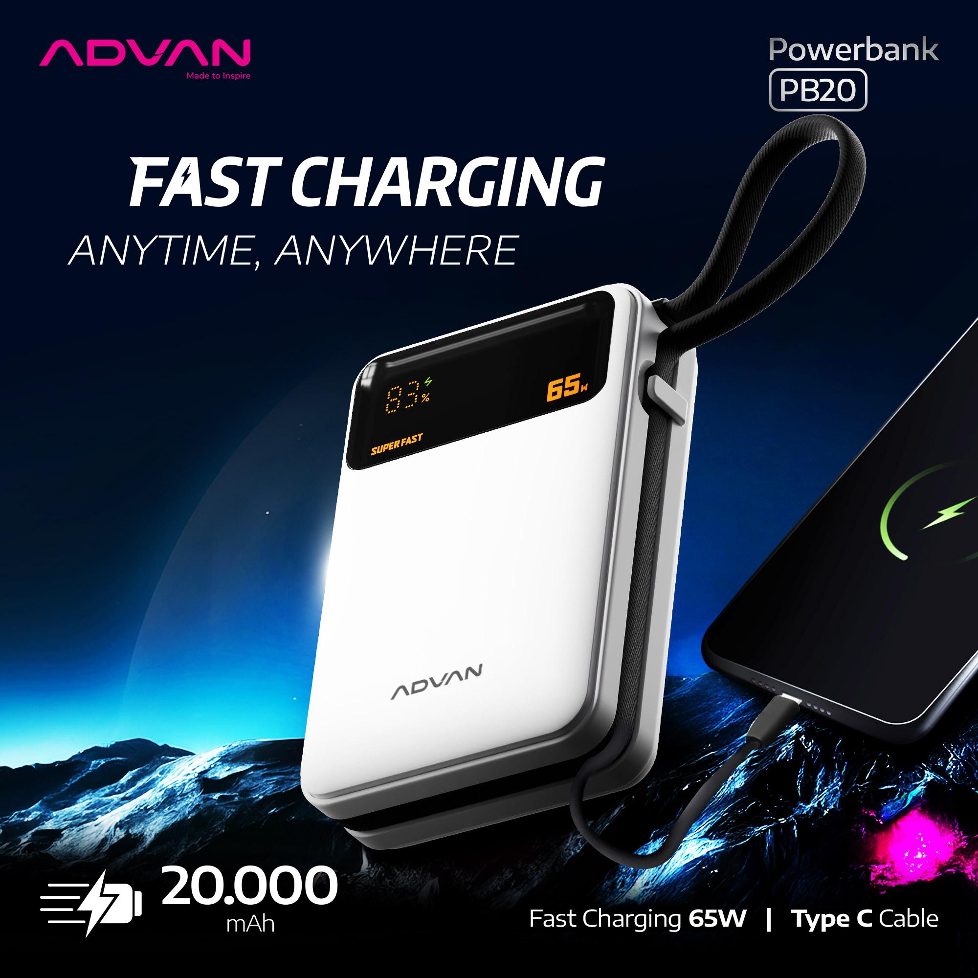 (NEW ARRIVAL) ADVAN Powerbank PB20 20000 mAh Fast Charging 65W Type-C Slim & Compact Design Short-Circuit Protection Overcurrent Protection Charge Support Laptop Notebook Smartphone