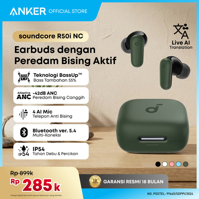 (NEW LAUNCH) Soundcore Anker R50i NC Earbuds Adaptive Noise Canceling Headset Earphone Bluetooth 5.4 TWS Low Latency for Game Long Battery 4 Mics IP54 -A3959