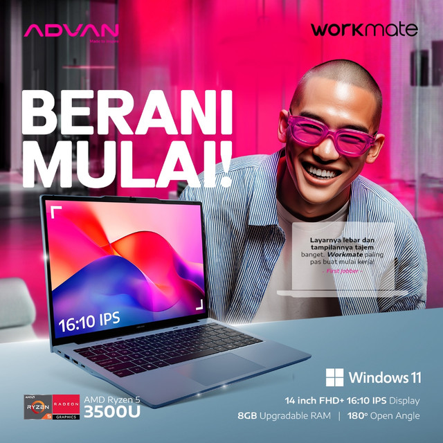 Advan Laptop Workmate |   Amd Ryzen 5 3500U / Intel I3-1215U |   14 Inch Fhd+ 16:10 Ips |   8Gb/256Gb Upgradeable |   Wifi 5 |   Free Windows 11 |   Official 1 Year Guarantee