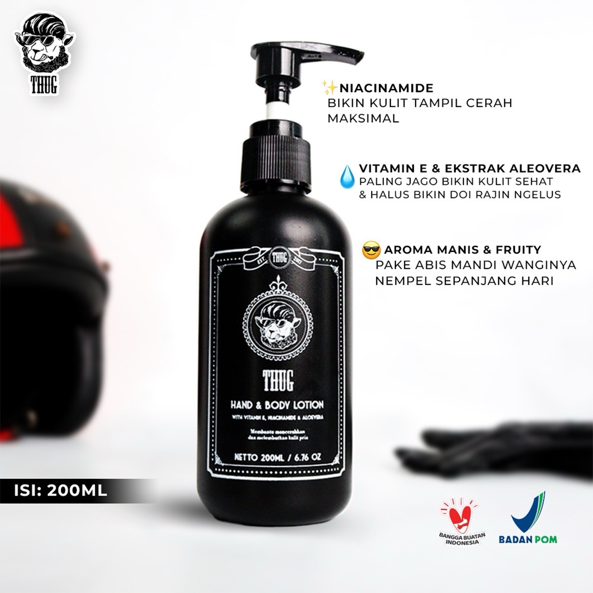 Thug Lotion Pencerah Badan with Niacinamide Vitamin E Aloe Vera Bundling 2/3 Botol 200ml Mencerahkan dan Melembutkan Kulit Lotion Laki Lotion Cowo Pencerah Badan