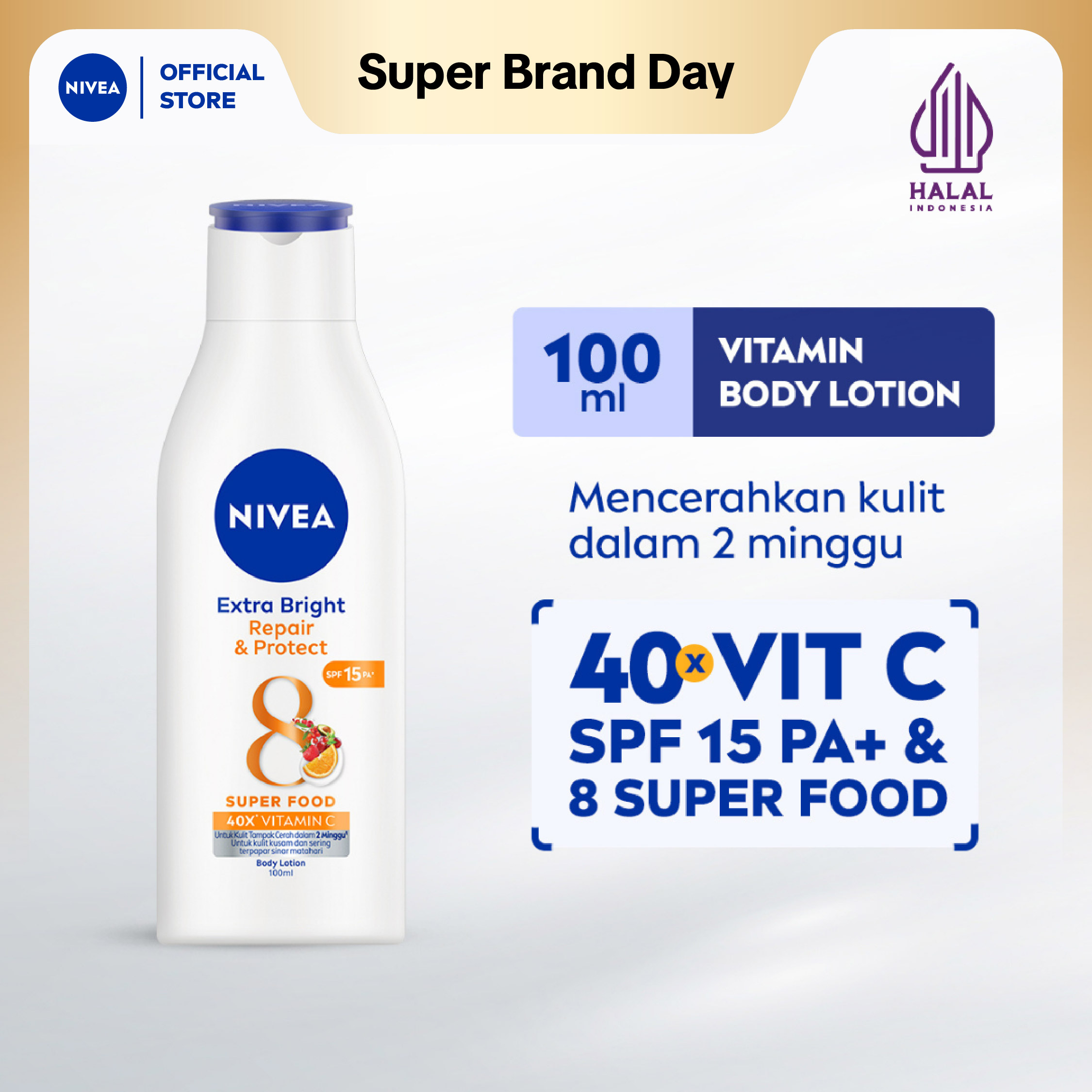 NIVEA Body Lotion Extra Bright Repair & Protect SPF15 100ml - Hand body lotion moisturizer mencerahkan kulit kusam rusak badan glowing brightening tone up melembabkan kering SPF UV matahari sunscreen 