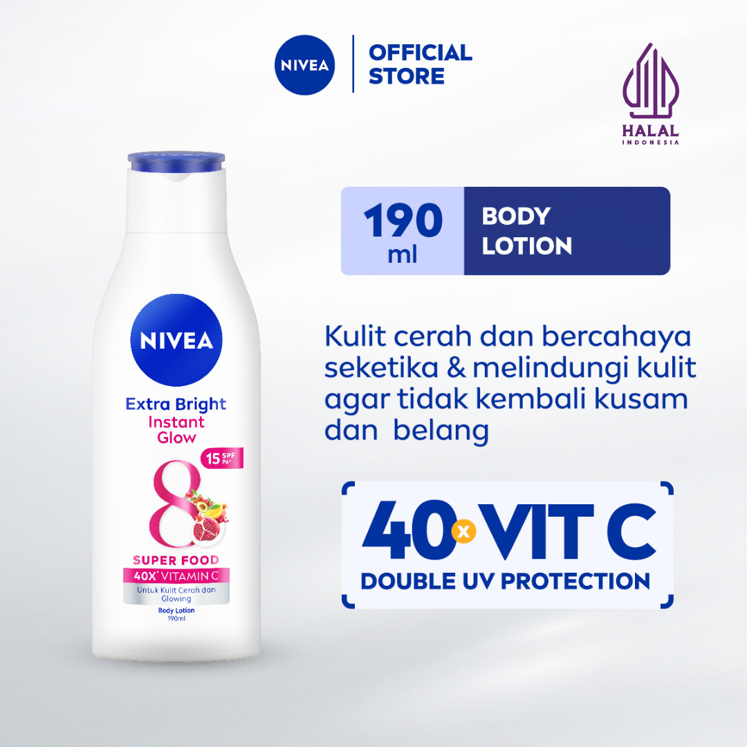 NIVEA Body Lotion Extra Bright Instant Glow SPF15 190ml - Hand body lotion moisturizer mencerahkan kulit kusam bercahaya badan glowing brightening tone up melembabkan kering SPF UV matahari sunscreen 