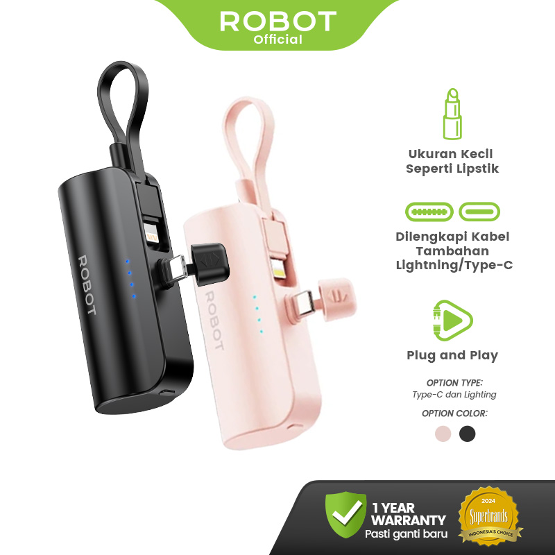 Robot powerbank mini 4500mAh travel size power Bank fast charging mini stand function Tali penggenggam port type-C lightning RP-051 compatible Android iPhone lightweight easy to carry original 1-year 