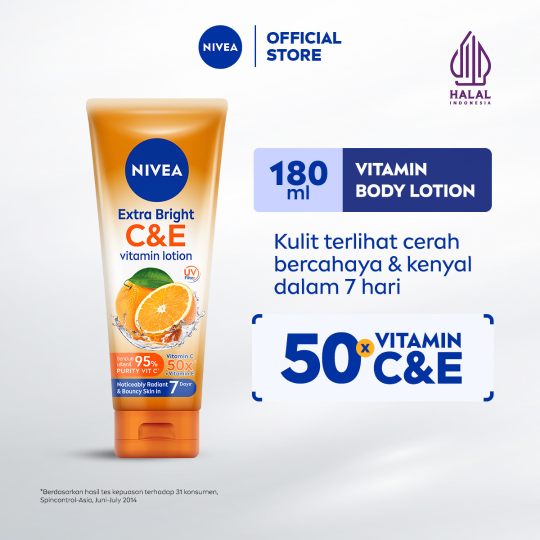 NIVEA Body Lotion Extra Bright C&E Vitamin Lotion UV Filter 180ml - Hand body serum lotion moisturizer mencerahkan kulit kusam badan glowing brightening tone up melembabkan kering - 50x Vitamin C & E,