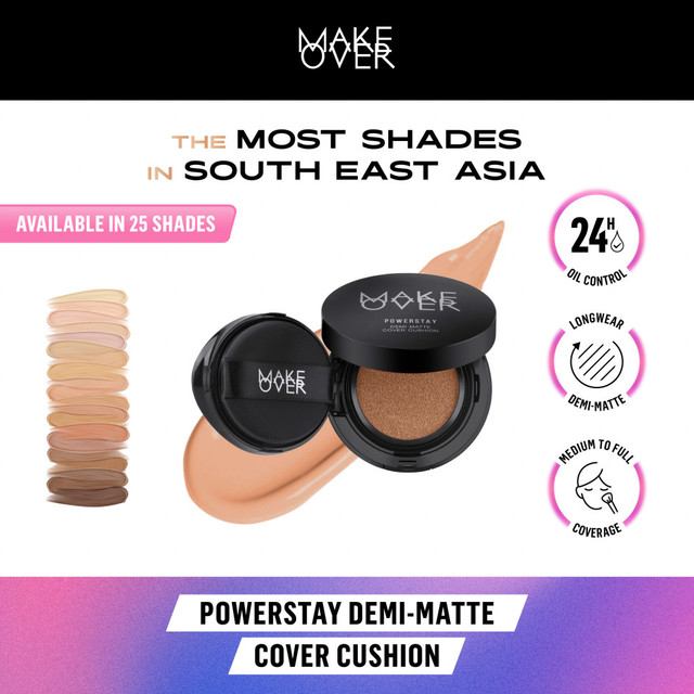 MAKE OVER Powerstay Demi-Matte Cover Cushion - Cushion Matte High Coverage Foundation Compact Ringan Oil Control Make Up Wajah Tahan Lama 24 Jam Non-Comedogenic BEST SELLER Concealer Make Up