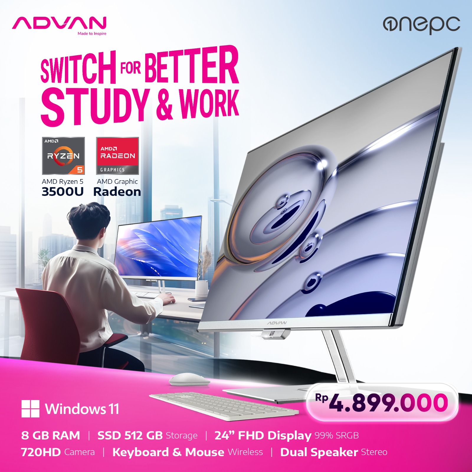 ADVAN All In One PC AIO AMD Ryzen 5 3500U 8GB/512GB 23.8 Inch 65W Power Saving 99% sRGB Free Windows 11 Original